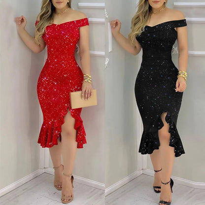 Women's Fashion Sexy Summer Off Shoulder  Short Sleeve Sequin Ruffle Irregular Dresses Elegant Dresses For Women Woman Clothing