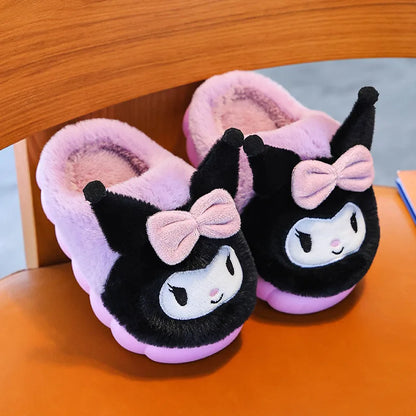 Anime Hello Kitty Kuromi Girl Cotton Parent-Child Slipper Melody Sanrio Cartoon Cute Kid Plush Warm Home Slippers Christmas Gift