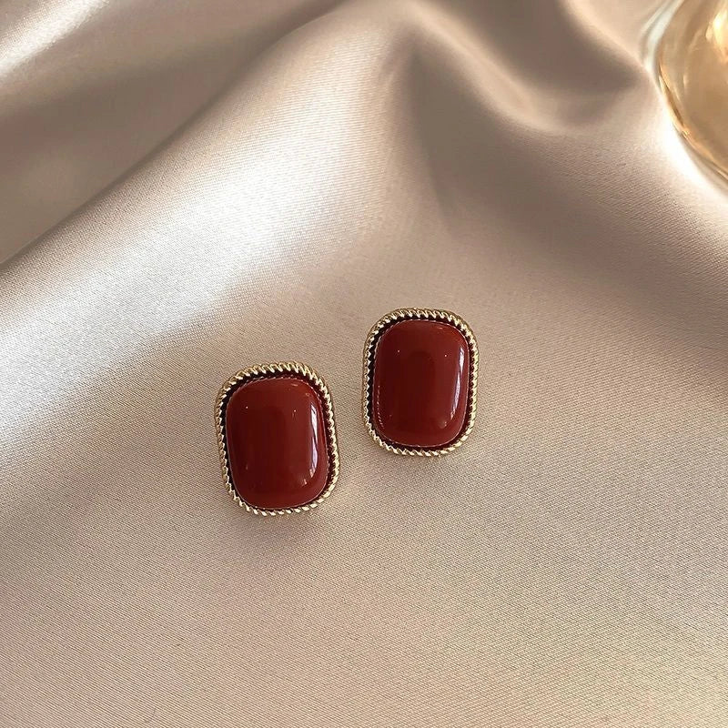 Vintage Dripping Oil Wine Red Retro Stud Earrings For Women Korean Pearl Flower Heart Shape Geometric Earring High Sense Jewelry