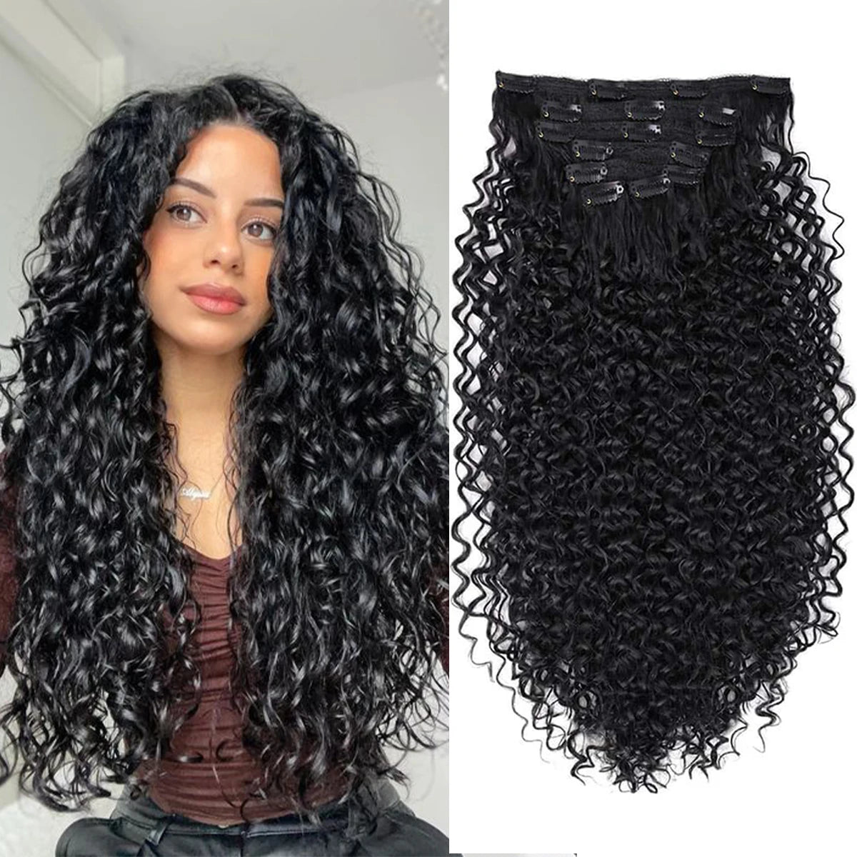 Synthetic Curly Clip In Hair Extensions Kinky Curly Hairpieces Clip-On Full Head Fake Pieces Black Brown Hair For Women