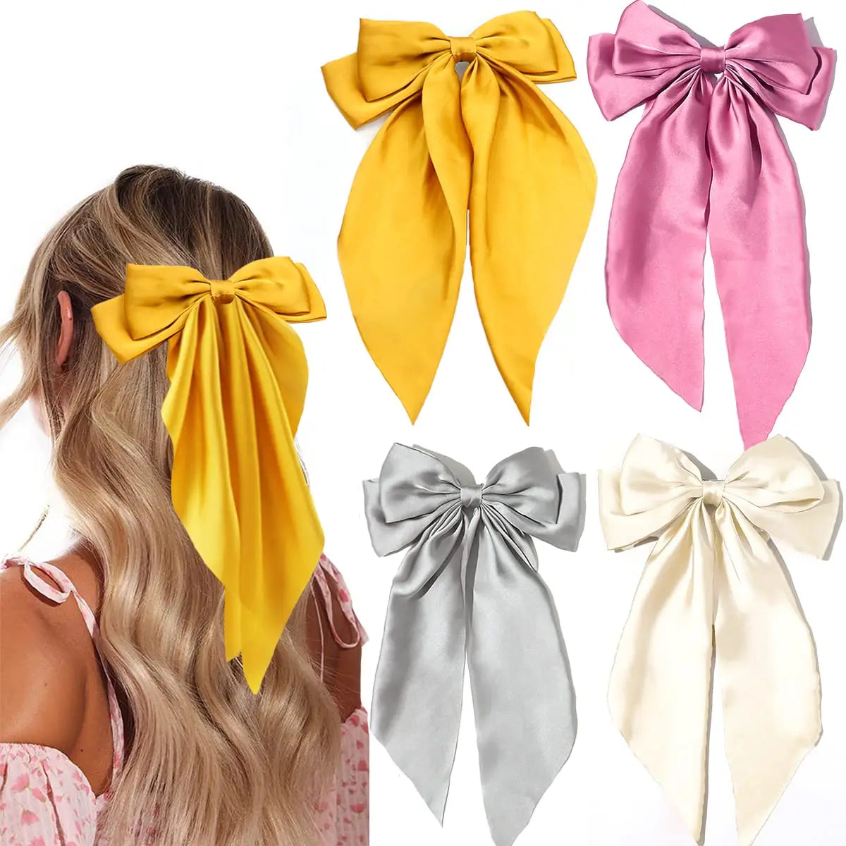 4Pcs Women Large Bow Hair Clip Girls Chiffon Big Bow Hairpins Satin Barrette Women Solid Color Ponytail Clip Hair Accessories