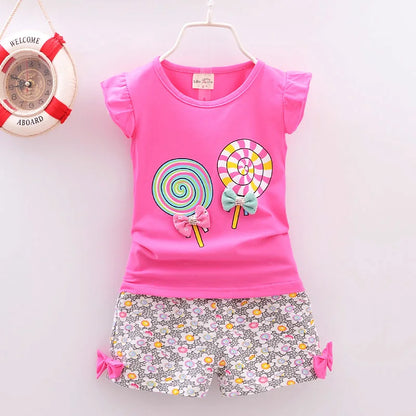 Baby Girls Clothes Sets for Kids T-shirt Tops+Short Pants Clothes Sets Toddler Girl Lollipop Printed Summer Infant Clothing Sets