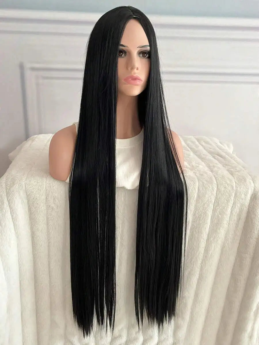 woman's black super long 40Inch synthetic wig with long straight hair with no bangs in the middle is suitable for Halloween part