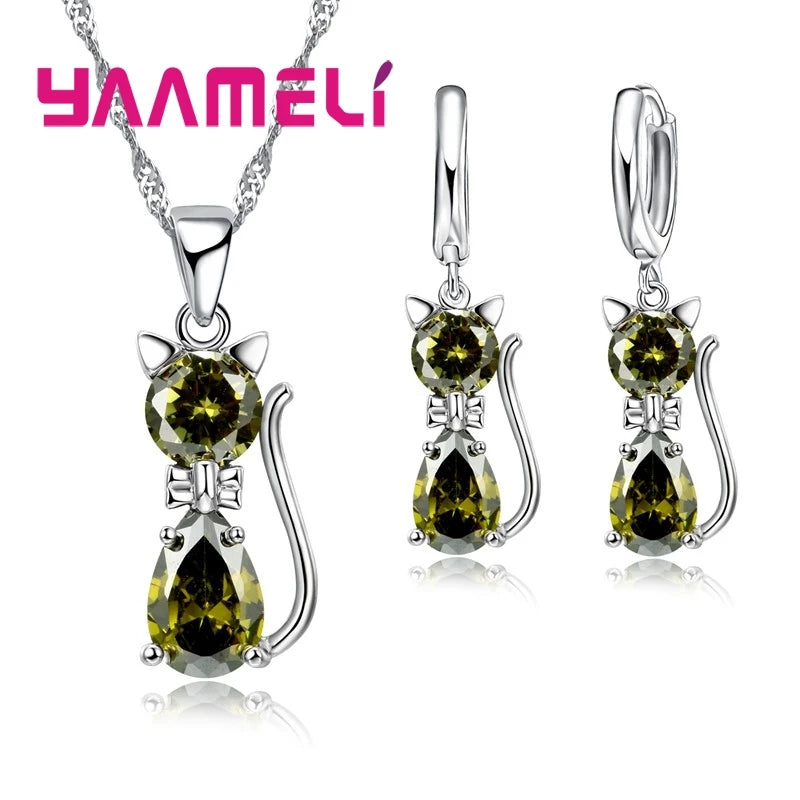 Real 925 Sterling Silver Color Jewelry Sets for Woman Girls Shining Austrian Crystal Cute Cat Pendant Necklace Huggie Earring