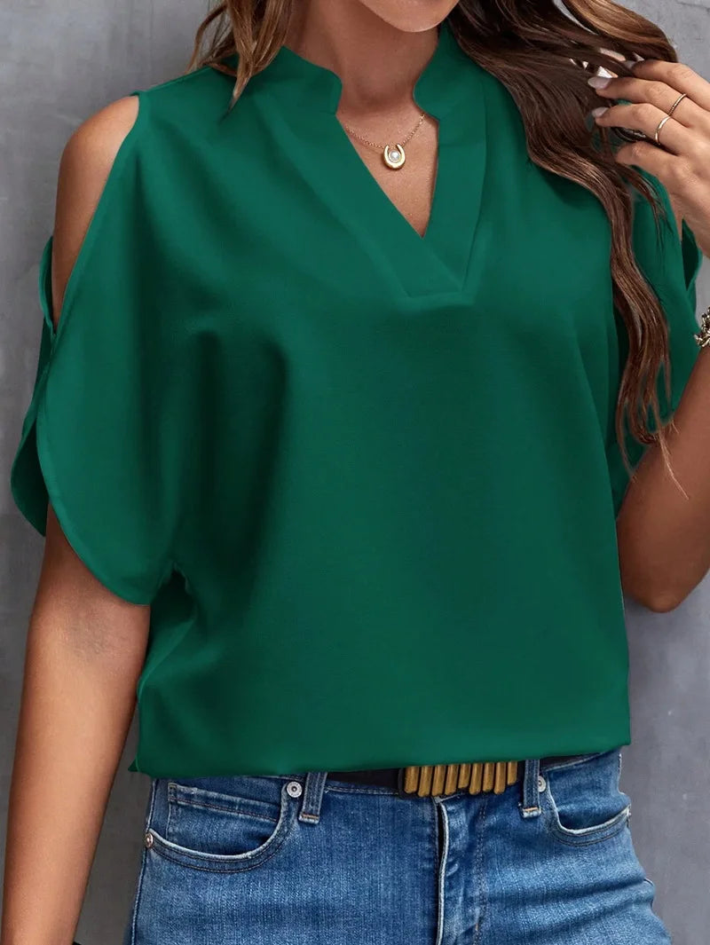 Summer new pure color v neck elegant fashion off-shoulder sleeve women's top