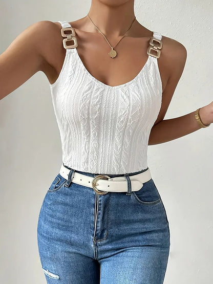 Women Summer Fashion Casual Gold Button Chain V-neck Sling Tops White Texture  Knit Solid Vest female top alças mulher