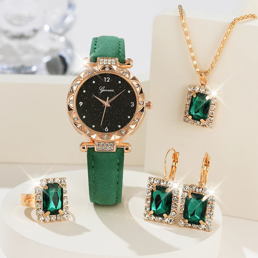 Womens Watches 5Pcs Set Luxury Rhinestone Women Fashion Elegant Wristwatch Quartz Watch For Girl WristWatch Bracelet Gift