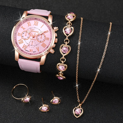 6PCS/Set Fashion Women's Quartz Watch Leather Band Analog Wrist Watches Heart Rhinestone Jewelry Set(Without Box)