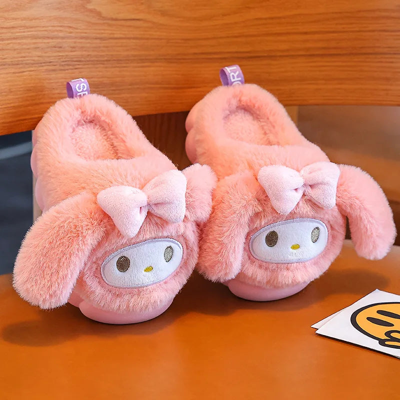 Anime Hello Kitty Kuromi Girl Cotton Parent-Child Slipper Melody Sanrio Cartoon Cute Kid Plush Warm Home Slippers Christmas Gift