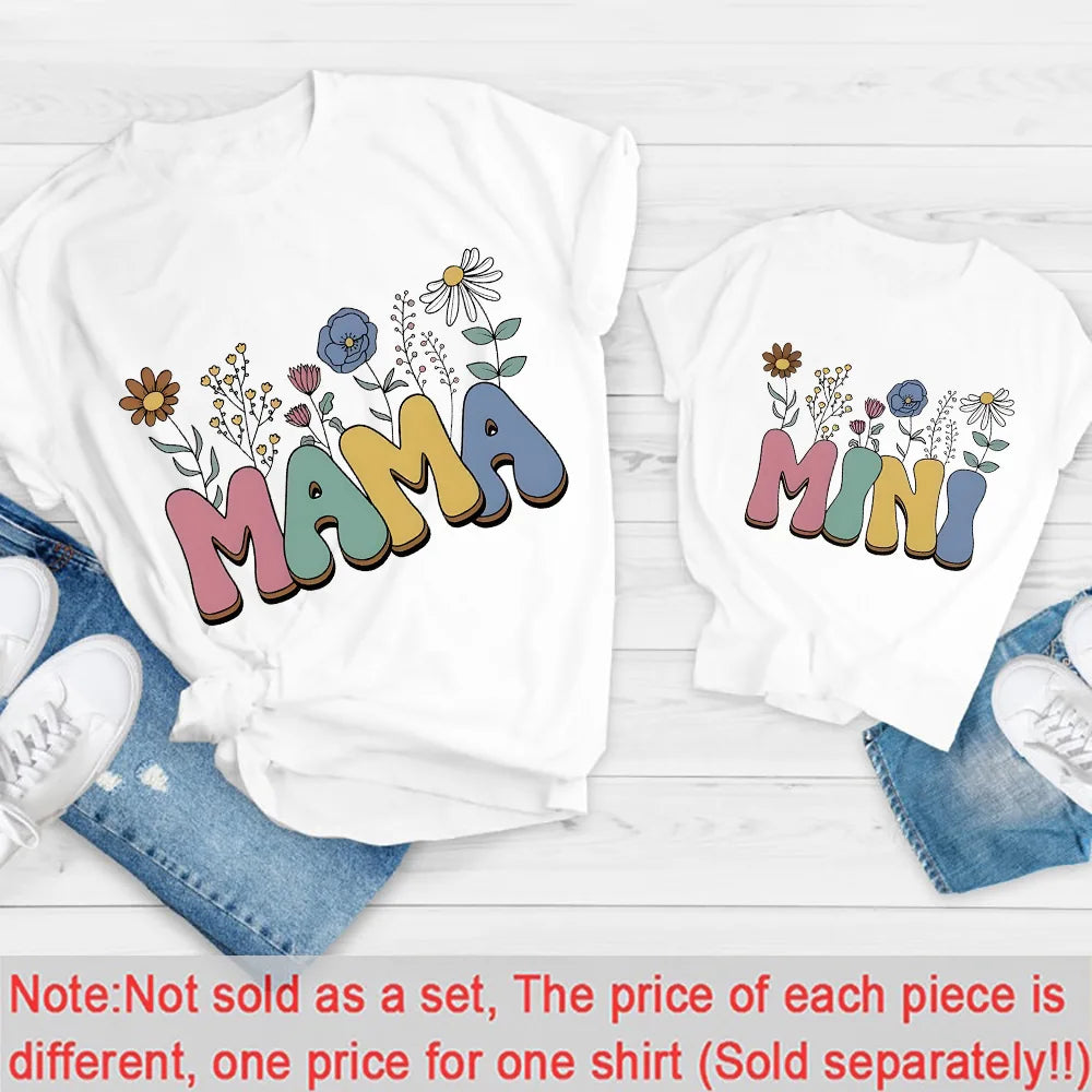 2pc Colorful Flower Letter MAMA and MINI Matching Family Outfits Mothers Day Gift Blessed Mommy and Kids Leisure Fun T-Shirt