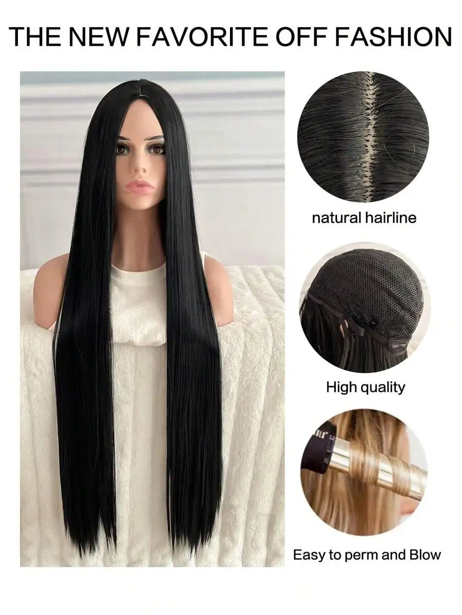 woman's black super long 40Inch synthetic wig with long straight hair with no bangs in the middle is suitable for Halloween part