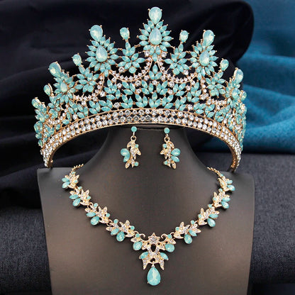 High Opal Pink Tiaras and necklace earrings Bridal Jewelry Sets for Women Brides Wedding Crown Prom Birthday Costume Accessories