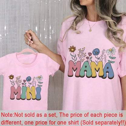 2pc Colorful Flower Letter MAMA and MINI Matching Family Outfits Mothers Day Gift Blessed Mommy and Kids Leisure Fun T-Shirt