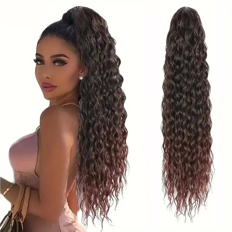 22Inch Synthetic Curly Ponytail Hair Extensions For Women Black Drawstring Ponytail Hair Extension Natural Water Wave Ponytail