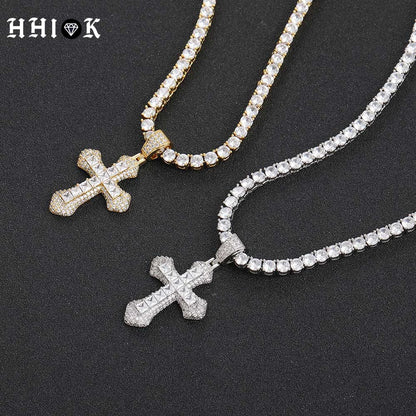 Hip Hop Pink/Blue/Red  Colorful Zirconium Cross Pendant For Necklace Personalized Square Stone Full Of Bling Ice Necklace