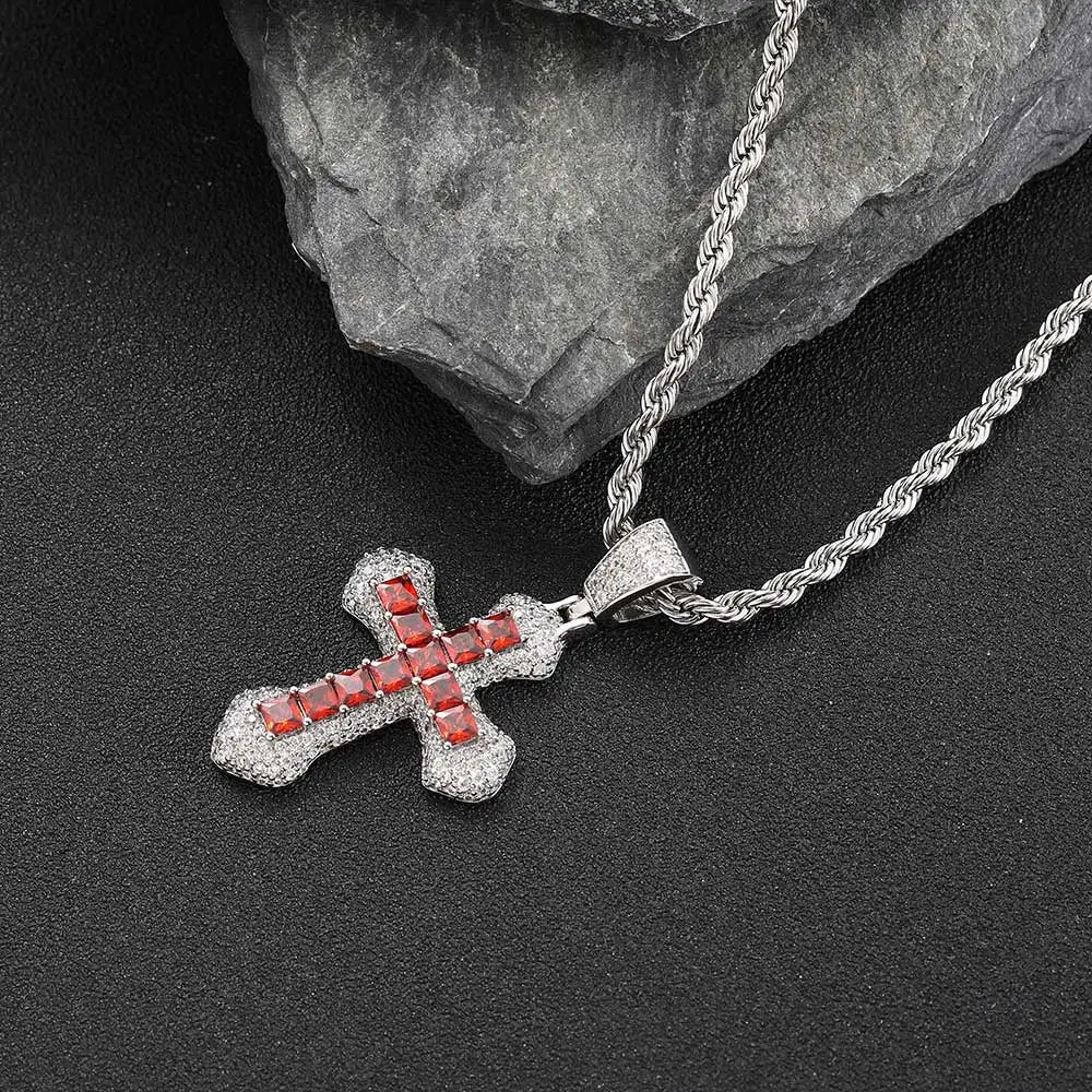 Hip Hop Pink/Blue/Red  Colorful Zirconium Cross Pendant For Necklace Personalized Square Stone Full Of Bling Ice Necklace