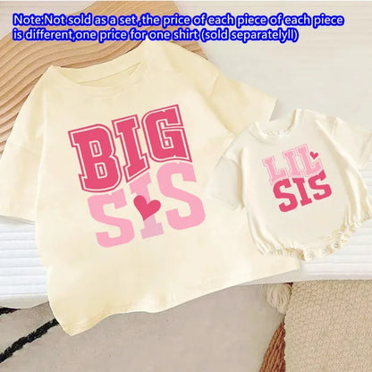 BIG SIS/LIL SIS Print Sister Family Matching Outfits Short Sleeve Kids T-shirt+oversized Bubble Romper Retro Sister Outfits