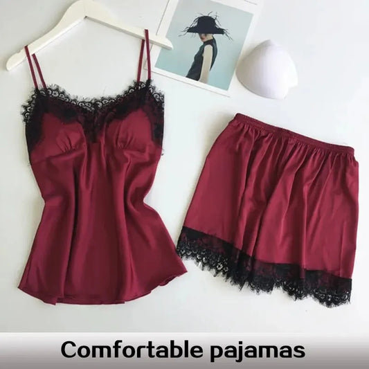 Two PCS New Summer Women's V-Neck Sexy Lace Pajama Set Women's Sexy Lace Suspender Top and Shorts Casual Home Pajamas