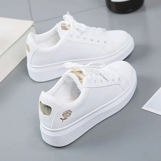 Women's Flower Embroidery Fashion Lace-up White Sneakers