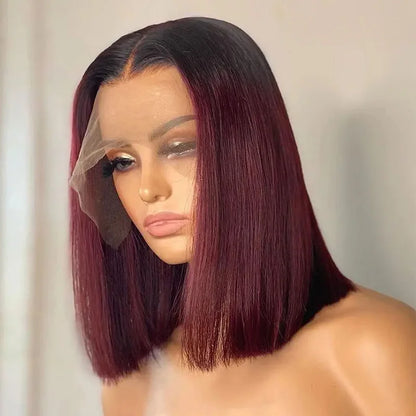 1B/99J Burgundy Short Straight Bob Human Hair Wigs Brazilian Lace Front Human Hair Wigs Pre Plucked T Part Lace Wigs Remy Hair