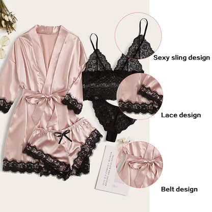 4 Pieces Woman Sleepwear Pajamas Ser With Robe Sexy Lace Lingerie Bathrobe Silk Satin Home Clothed Nightwear Robe