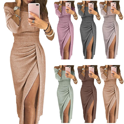 European and Americanwomen's hip-wrapped slit one-word collar dress sparkling dress dinner dress