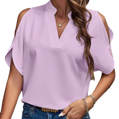 Summer new pure color v neck elegant fashion off-shoulder sleeve women's top