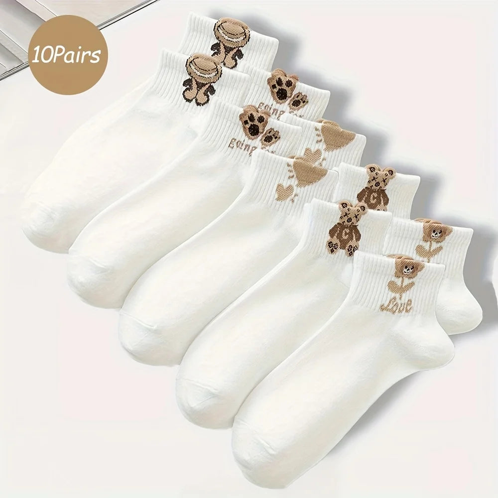 5/10 Pairs Teddy Bear Print Ankle Socks