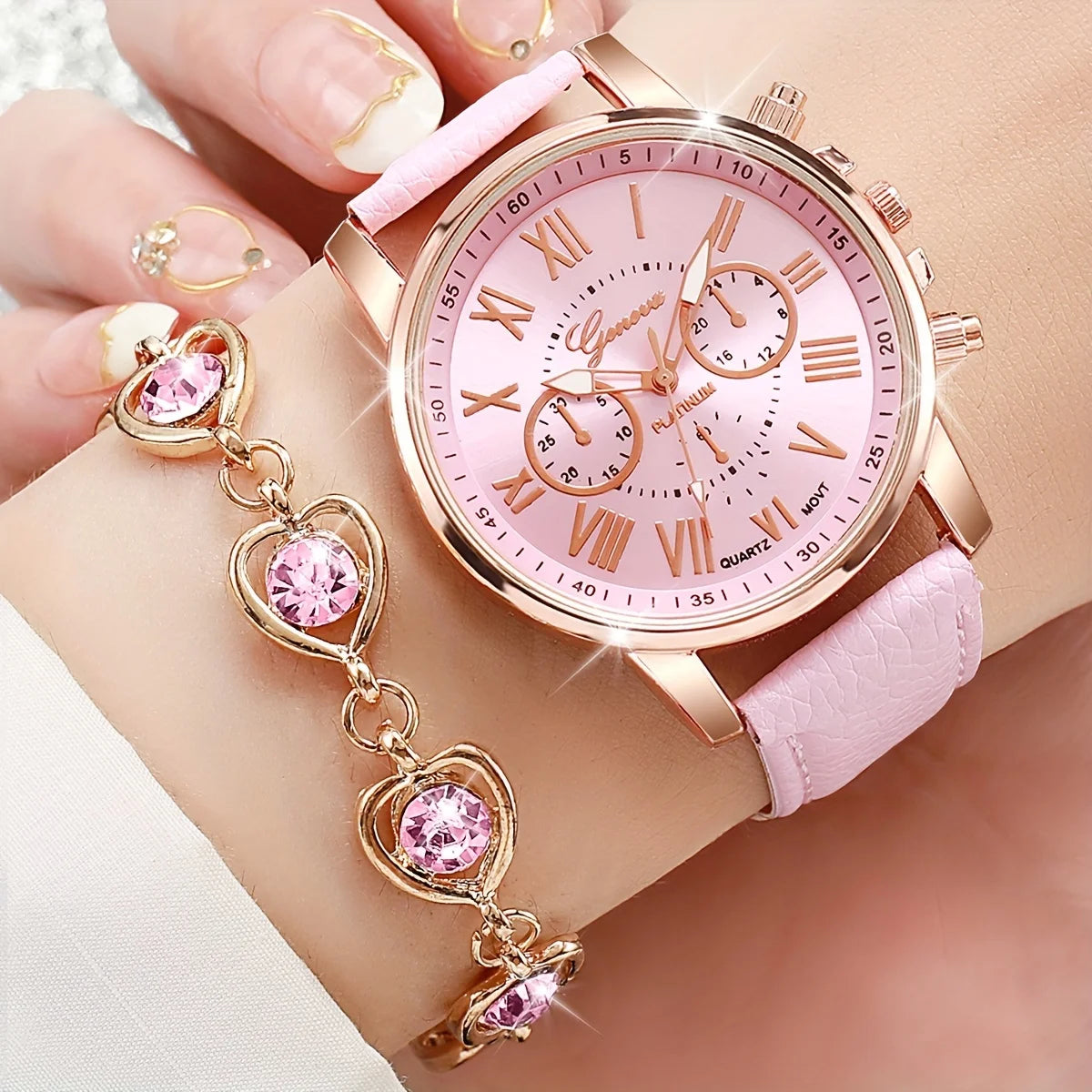 6PCS/Set Fashion Women's Quartz Watch Leather Band Analog Wrist Watches Heart Rhinestone Jewelry Set(Without Box)