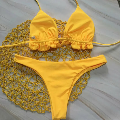 Summer Brazilian Bikini Set Women Sexy Bandage Top Thong Bottom 2 Pieces Set Push-up Swimwear Lace Up Swimsuit Beachwear