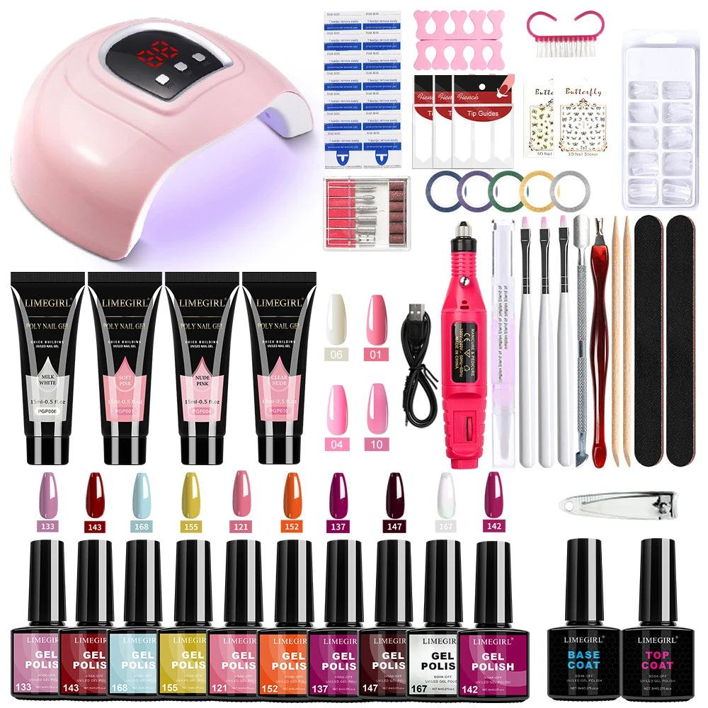 LIMEGIRL Gel Nail Polish Kit UV Soak Gel Base Coat Polishing Tool with LED Light and Nail Drill Semi-Permanent Gel Varnish Kit