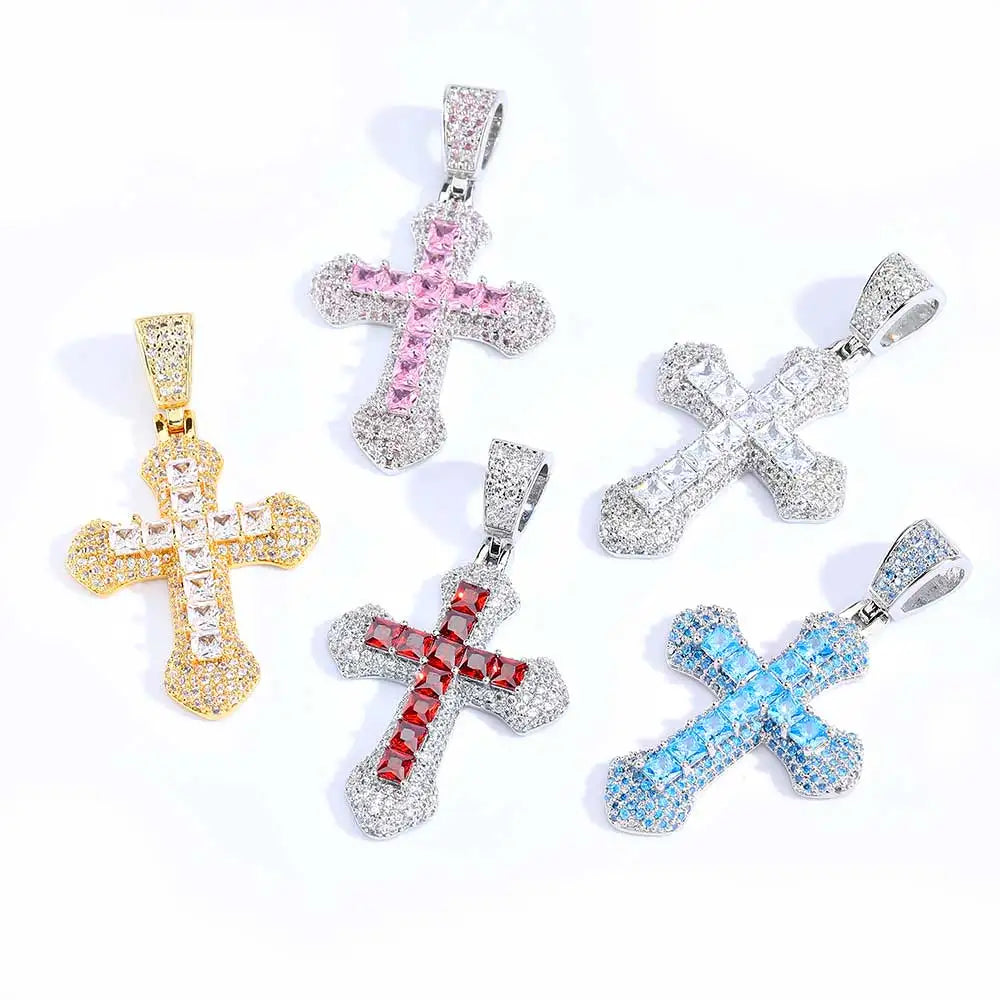 Hip Hop Pink/Blue/Red  Colorful Zirconium Cross Pendant For Necklace Personalized Square Stone Full Of Bling Ice Necklace