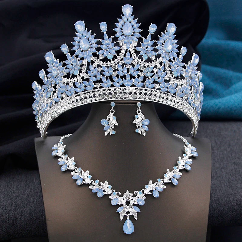 High Opal Pink Tiaras and necklace earrings Bridal Jewelry Sets for Women Brides Wedding Crown Prom Birthday Costume Accessories