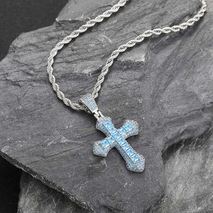 Hip Hop Pink/Blue/Red  Colorful Zirconium Cross Pendant For Necklace Personalized Square Stone Full Of Bling Ice Necklace