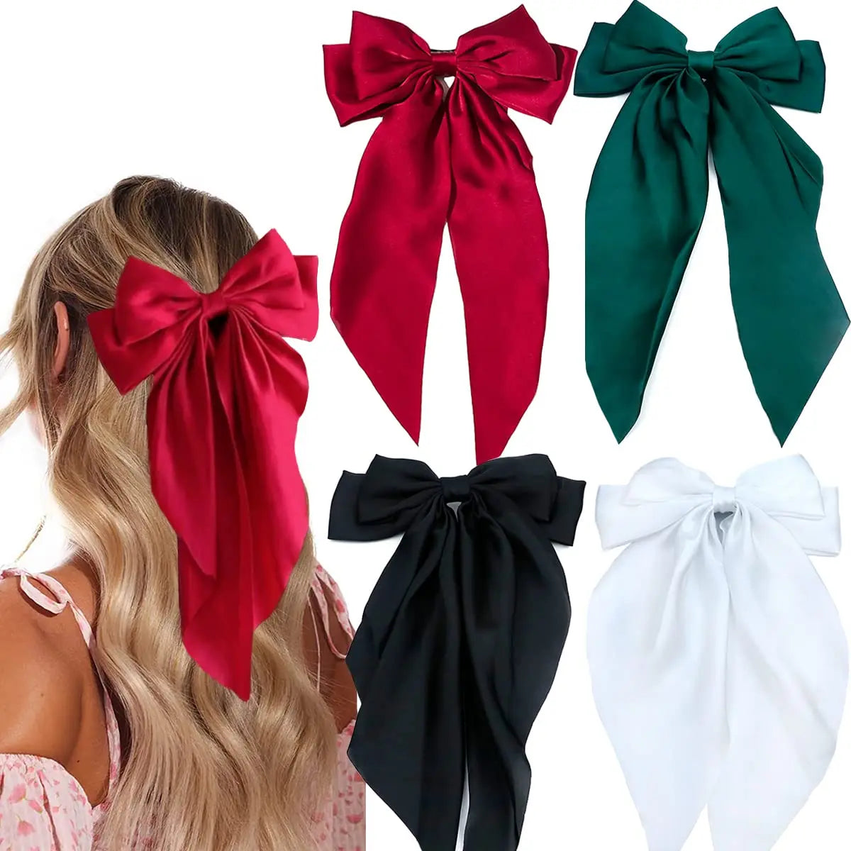 4Pcs Women Large Bow Hair Clip Girls Chiffon Big Bow Hairpins Satin Barrette Women Solid Color Ponytail Clip Hair Accessories