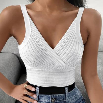 Rib Knit Wrap Front Crop Top Women V-Neck Sleeveless Camis and Tanks Summer Sexy Club Party Outfit