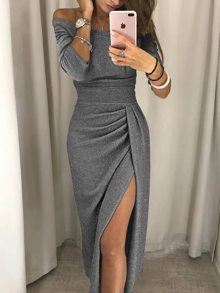 European and Americanwomen's hip-wrapped slit one-word collar dress sparkling dress dinner dress