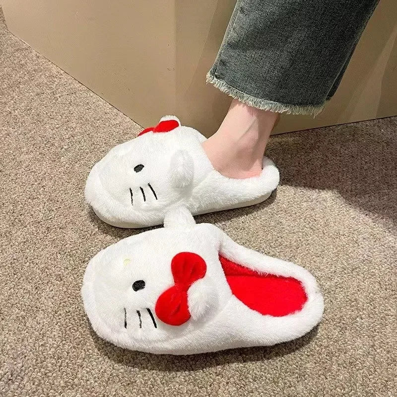 Non-slip warm slippers with funny cartoon design for home interior.