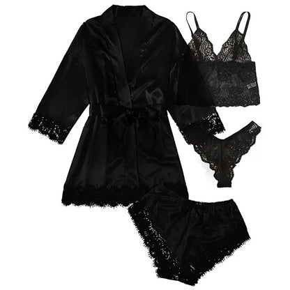 4 Pieces Woman Sleepwear Pajamas Ser With Robe Sexy Lace Lingerie Bathrobe Silk Satin Home Clothed Nightwear Robe