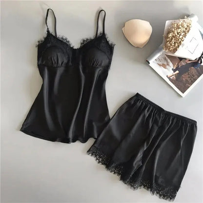 Two PCS New Summer Women's V-Neck Sexy Lace Pajama Set Women's Sexy Lace Suspender Top and Shorts Casual Home Pajamas