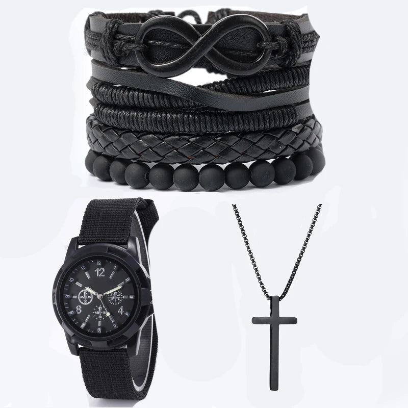 6pcs_Set Fashionable Pu Leather '8' Shape Beaded Bracelet With Mechanical Watch, Cross Pendant Necklace For Men, Black-Colored