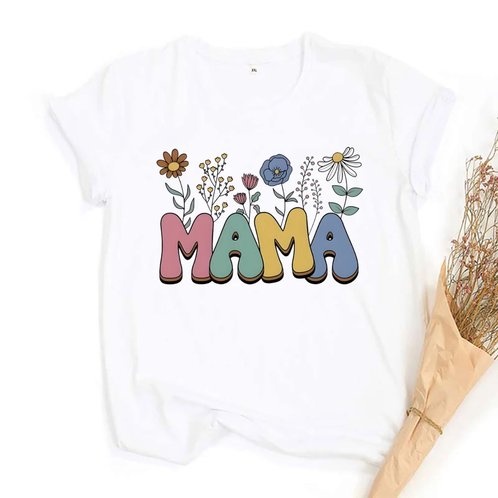 2pc Colorful Flower Letter MAMA and MINI Matching Family Outfits Mothers Day Gift Blessed Mommy and Kids Leisure Fun T-Shirt