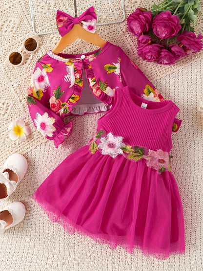 New Baby Girl Spring and Autumn Style Sleeveless Waist Flower Design Spliced Dress+Small Coat