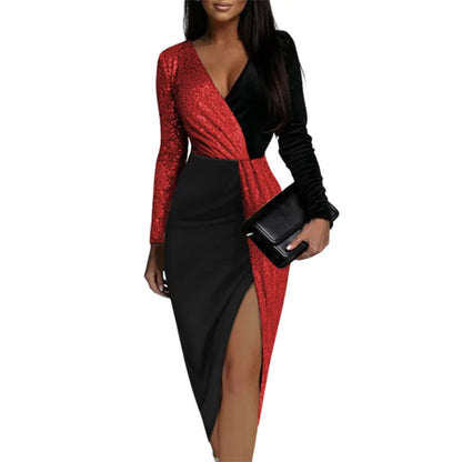 Elegant V-neck Long-sleeved Waist Dress For Women