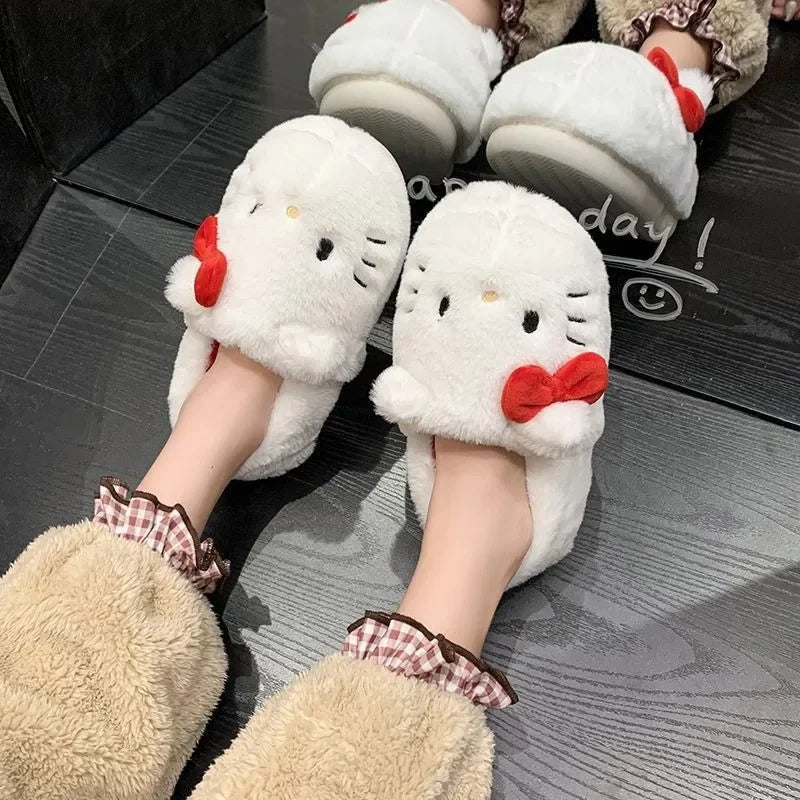 Non-slip warm slippers with funny cartoon design for home interior.