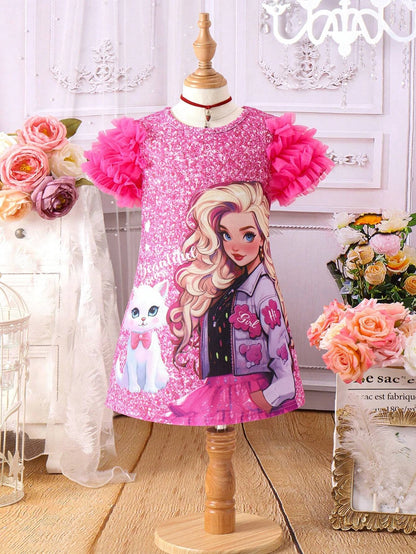 Girl Cute Cat Cartoon Girl Printed Mesh Ruffle Edge Sleeves Dress Summer