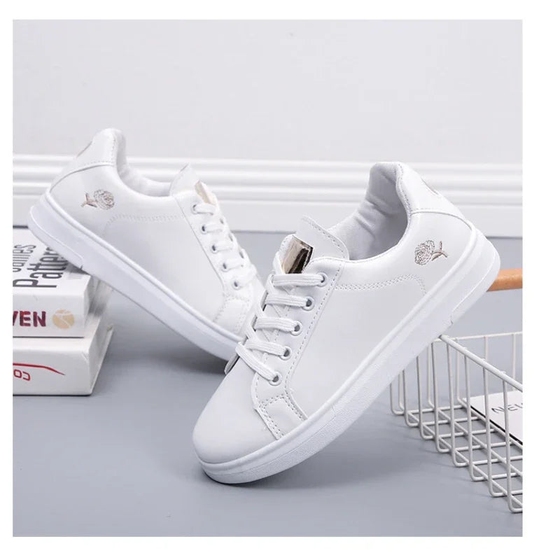 Women's Flower Embroidery Fashion Lace-up White Sneakers