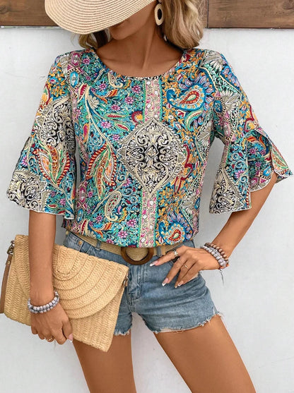 Paisley Print Flare Sleeve Blouse Vintage Crew Neck Blouse For Spring  Fall Women's Clothing