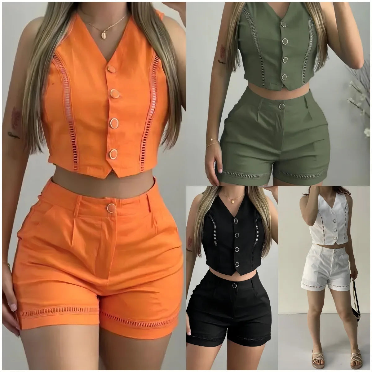 Summer 2024 de 2 piezas para mujer, chaleco calado, Top y pantalones cortos, trajes de retazos de encaje sexy, moda de verano