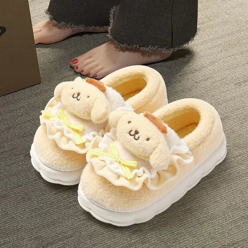 Non-slip warm slippers with funny cartoon design for home interior.